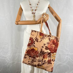 Kaksipuolinen kangaskassi -  Ruskeat kukat + Avainkaulanauha